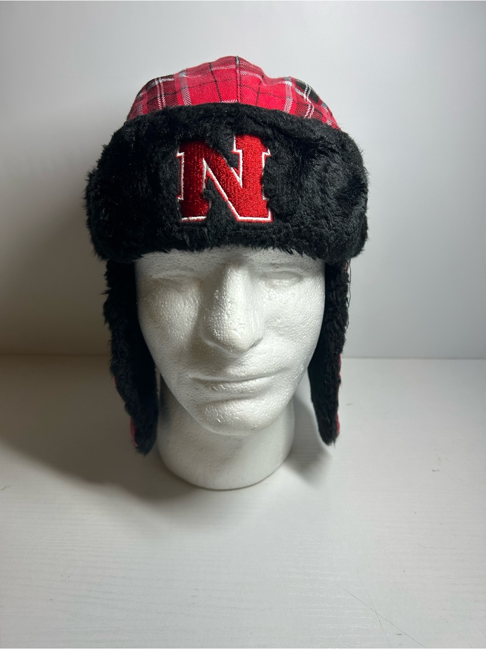 Top of the World Red Plaid Trapper Hat with Black Faux Fur